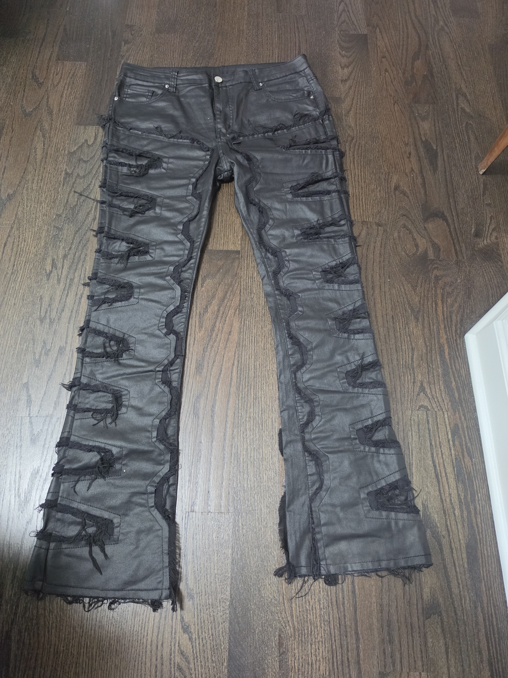 Men's Black Distressed Bootcut Jeans with Layered Panel Detail